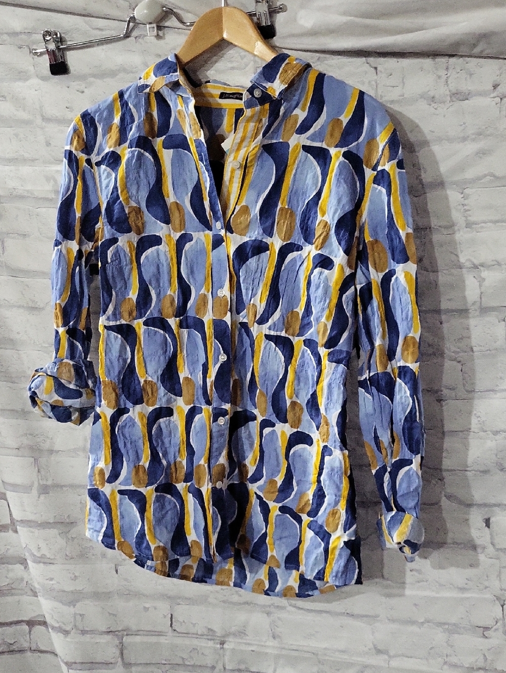 J. McLaughlin Lois Blue, Yellow & Brown Abstract Print Shirt